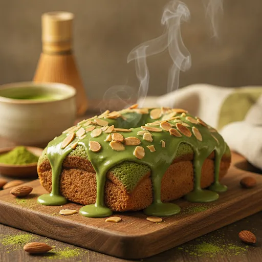 Pancong Matcha Almond Warkop Pancong Yeye – saus matcha hijau mengalir di atas pancong dengan taburan almond