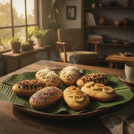 Berbagai macam kue pancong Warkop Pancong Yeye disajikan di atas daun pisang